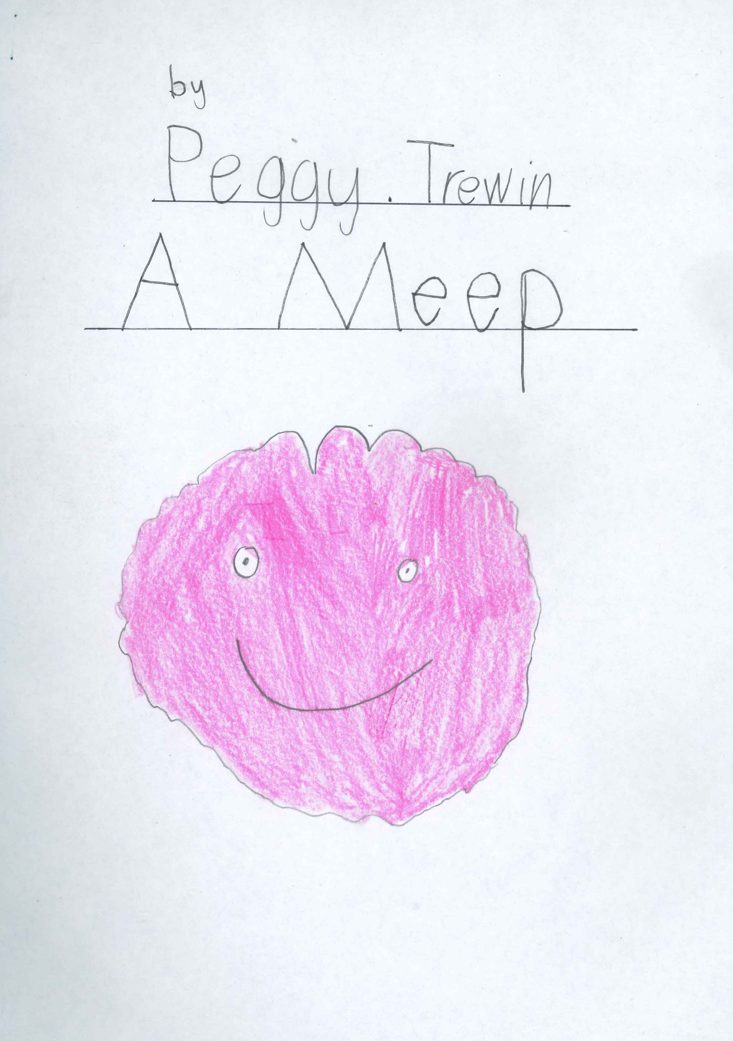 book cover with a pink, fluffy round creature smiling