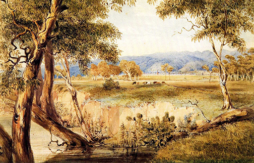City of Adelaide from Mr Wilson's Section on the Torrens, June 1845, G. F. Angas (AGSA Collection)