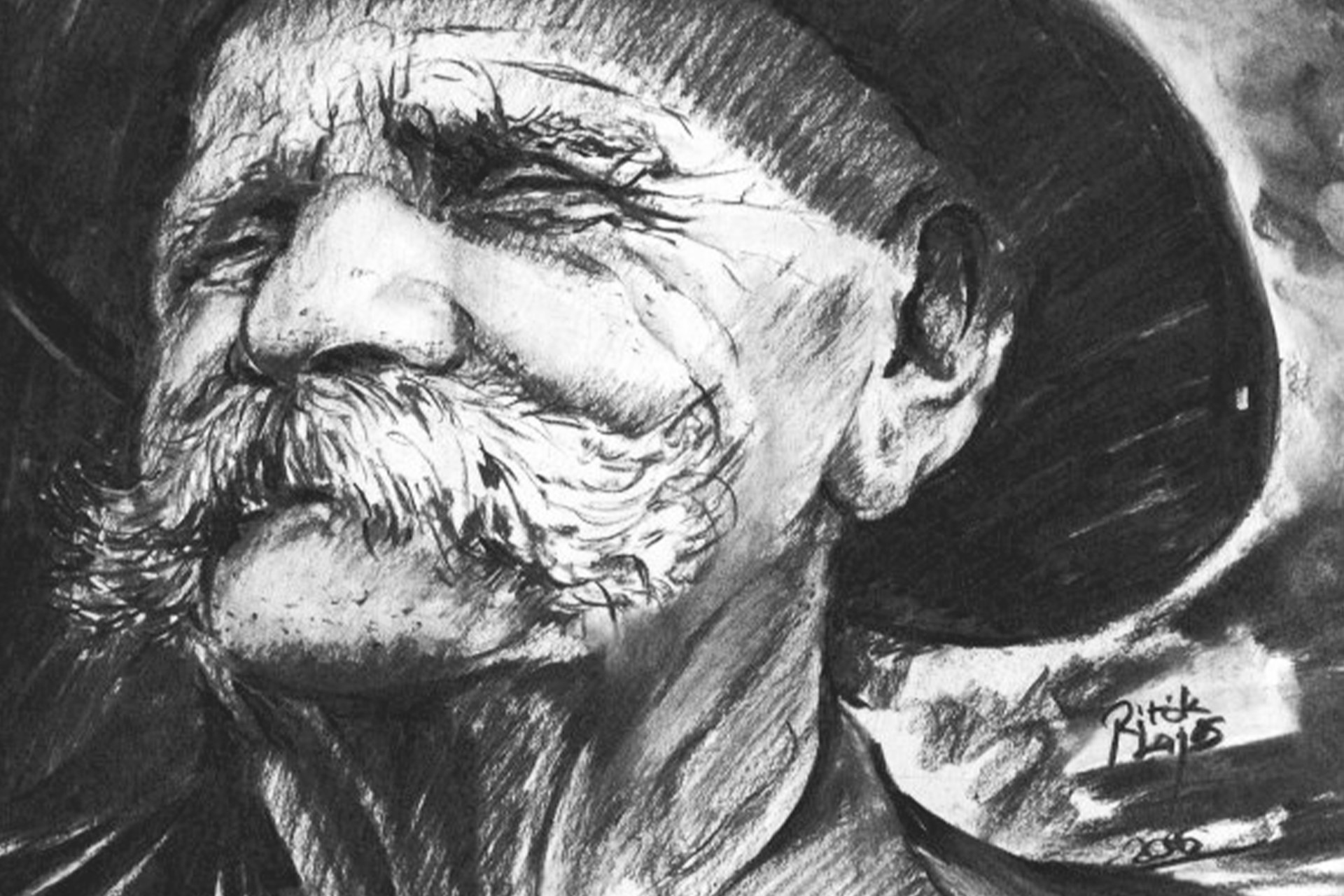 Black and white sketch of an old man with a large moustache and wide brimmed hat
